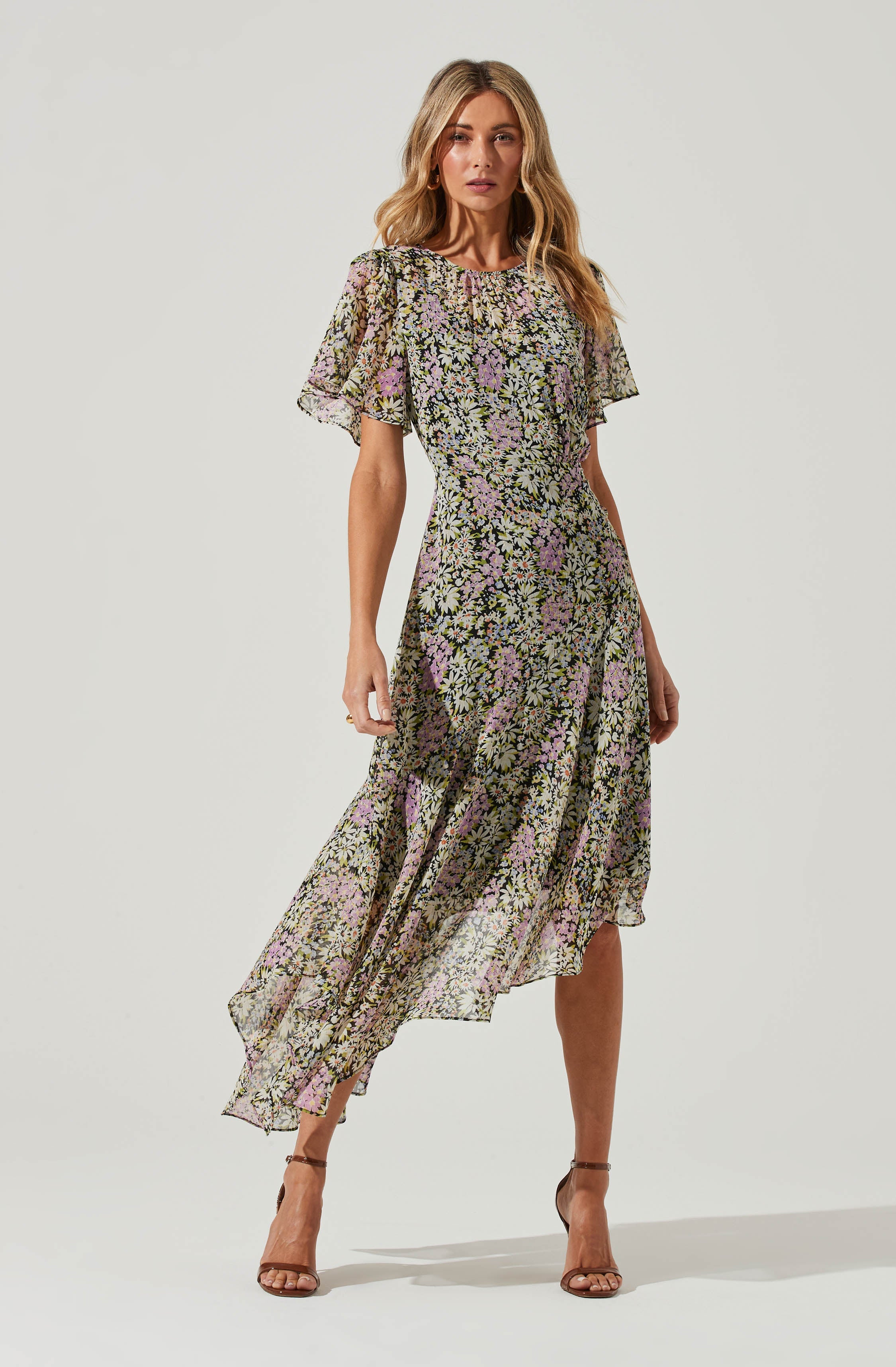 Flutter Sleeve Asymmetrical Floral Maxi ...